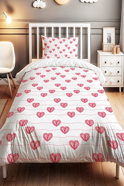 EVPANYA Pembe Örgü Kalpler Desenli Tek Kişilik Bebek Çocuk Nevresim Seti