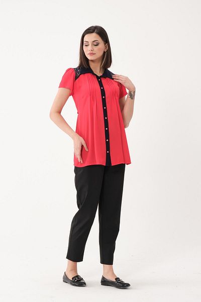 BUSA Maternity Chiffon Short Sleeve Lace Detailed Shirt Red