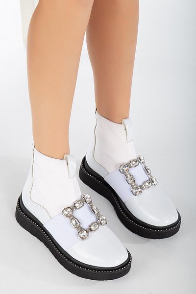 Dilimler Ayakkabı Patent Leather Stretch Stoned Thick Sole White Women's Boots