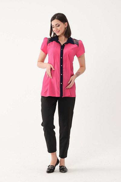 BUSA Maternity Chiffon Short Sleeve Lace Detailed Shirt Fuchsia