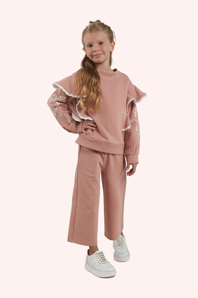 Panço Kız Çocuk Nakışlı Gül Rengi Sweatshirt