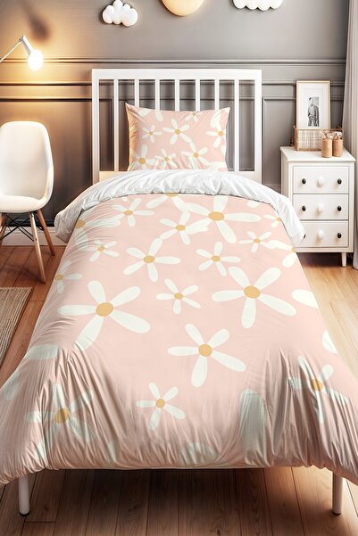 EVPANYA Beyaz Papatyalar Desenli Tek Kişilik Bebek Çocuk Nevresim Seti