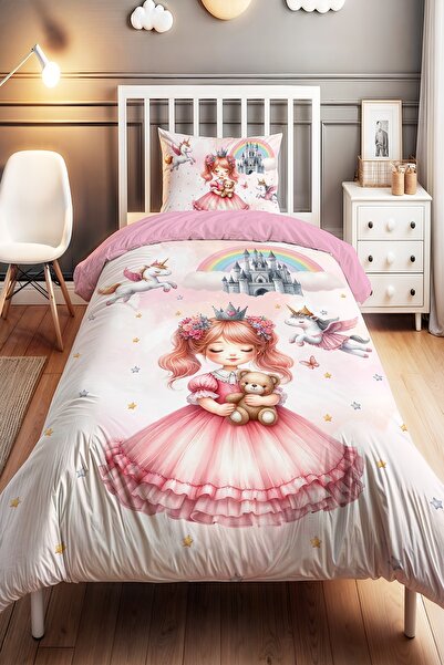 EVPANYA Uçan Unicornlu Prenses Desenli Tek Kişilik Bebek Çocuk Nevresim Seti