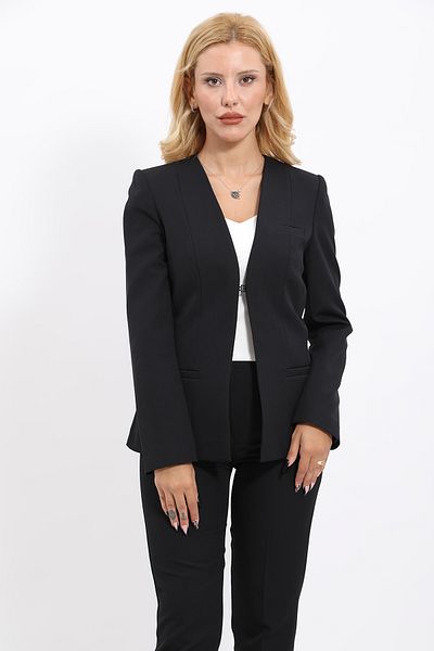 ÖNDER ÖZSOY Black V-Neck Long Jacket and Pipe Leg Trousers Set