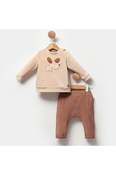 Cassiope Dog Themed Velvet Baby Boy Top and Bottom Set