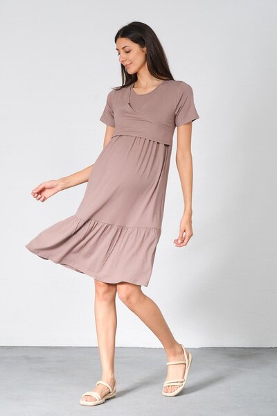 BUSA Λεπτομερές κοντομάνικο χτενισμένο βαμβακερό φόρεμα νοσηλευτικής εγκυμοσύνης