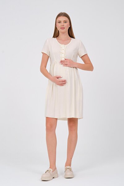 BUSA Φόρεμα εγκυμοσύνης εκρού λινό - μπροστινό βολάν, κοντομάνικο