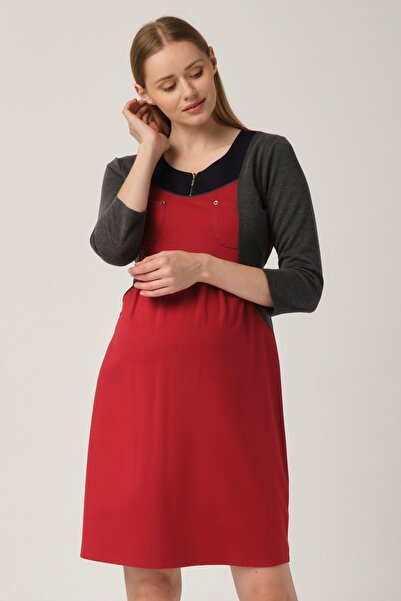 BUSA Maternity Casual Dress Zipper Collar Red