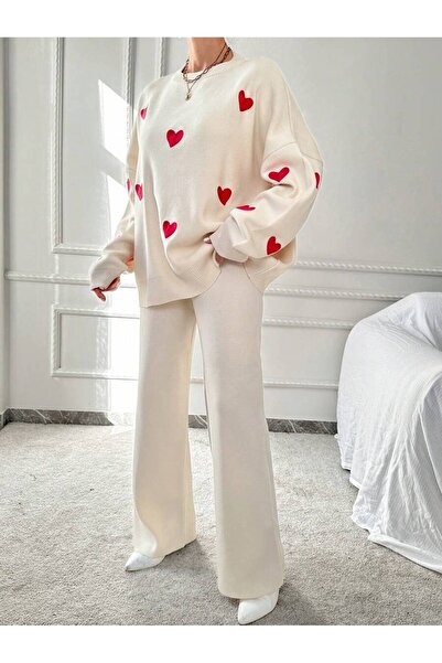 Bengi Clothing Detaliu broderie inimă pentru damă, tricotaje supradimensionate, pulover, pantaloni, set de două piese