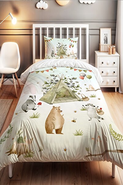 EVPANYA Green Tented Animals Patterned Single Baby Kids Bedding Set