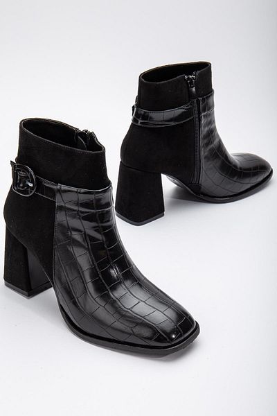 Dilimler Ayakkabı Suede and Crocodile Leather Small Belted Black Women's Thick Heeled Boots