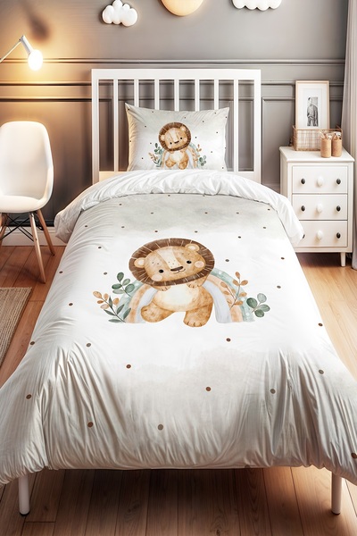 EVPANYA Minik Aslan ve Gökkuşağı Desenli Tek Kişilik Bebek Çocuk Nevresim Seti