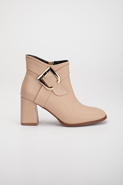 Dilimler Ayakkabı Skin Metal Belted Nude Γυναικείες μπότες με χοντρό τακούνι