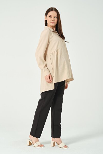 BUSA Beige Colored Maternity Linen Shirt - Short Front and Long Back