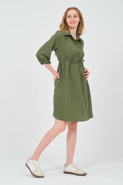 BUSA Khaki Colored Maternity and Poor Sleeve Intermediate Dress - Waist Lace