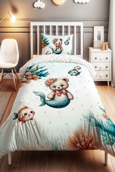 EVPANYA Deniz Kızı Ayıcık Desenli Tek Kişilik Bebek Çocuk Nevresim Seti