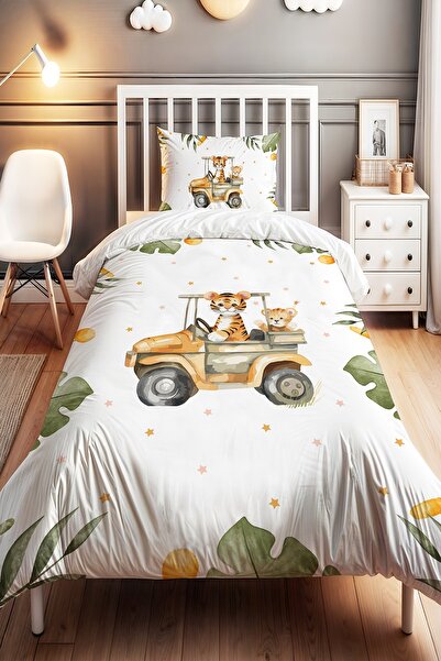 EVPANYA Arabalı Kaplan ve Kardeşi Desenli Tek Kişilik Bebek Çocuk Nevresim Seti