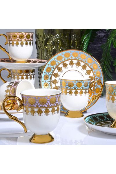 Kosova Colorful, Gilded 6-Person Standing Coffee Cup Set