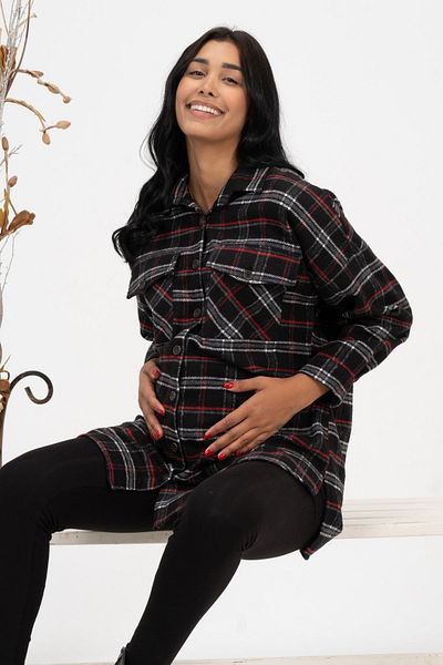BUSA Pregnant Front Pocket Buttoned Plaid Lumberjack Shirt Black