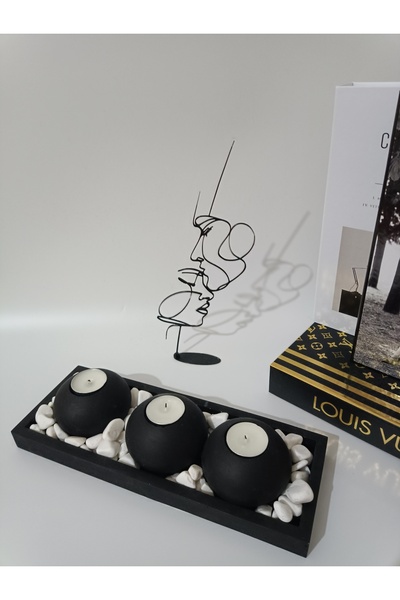 Genel Markalar Tabaklı Siyah Beton Mumluk ve 3'lü Tealight Mumluk Ev Dekorasy...