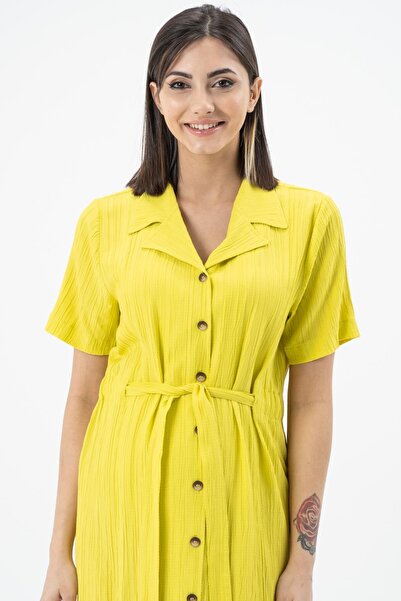 BUSA Hamile Bürümcük Kumaş Kısa Kollu Kemerli Elbise LİMON YEŞİLİ