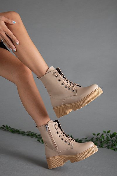 Dilimler Ayakkabı Lace-Up Thick Sole Skin Nude Women's Boots