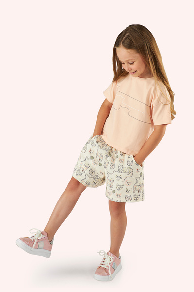 Panço Kız Çocuk Baskı Detaylı Somon Tişört