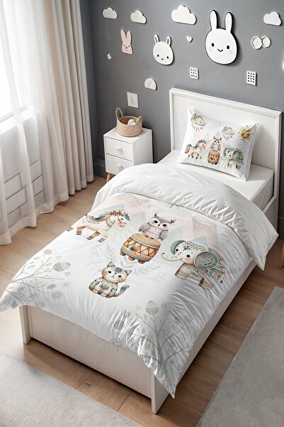 EVPANYA Bohem Kızılderili Sevimli Hayvanları Desenli Tek Kişilik Bebek Çocuk Nevresim Seti