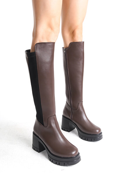 SEEM & BE Elsa Stretch elastické hnědé dámské kozačky na tlustém podpatku na zip