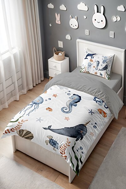 EVPANYA Mavi Deniz Altı Desenli Tek Kişilik Bebek Çocuk Nevresim Seti