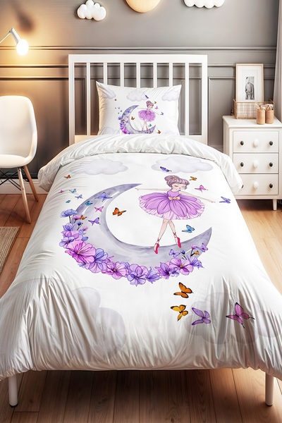 EVPANYA Mor Hilaldeki Peri  Desenli Tek Kişilik Bebek Çocuk Nevresim Seti