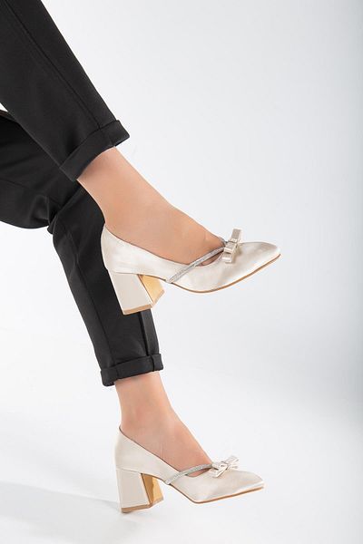 Dilimler Ayakkabı Bow Stone Detailed Satin Skin Large Size Women's Shoes Heels