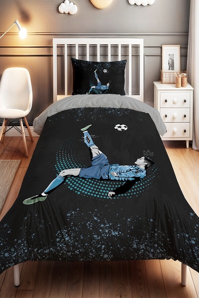 EVPANYA طقم غطاء لحاف أطفال فردي بتصميم كرة قدم على شكل تاج باللون الأزرق