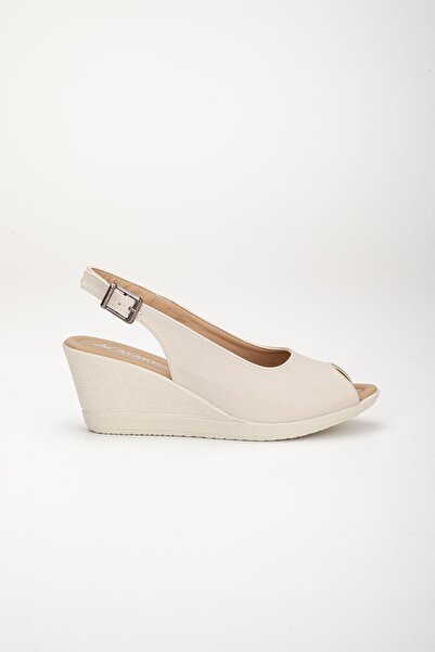 Dilimler Ayakkabı Wedge Sole Toe and Back Open Orthopedic Faux Leather Beige Women's Wedge Heel Shoes