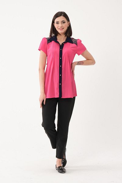 BUSA Maternity Chiffon Short Sleeve Lace Detailed Shirt Fuchsia