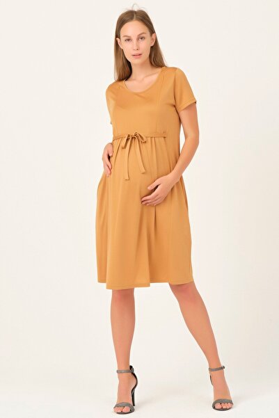 BUSA Hamile Önden Bağcıklı Emzirme Detaylı Günlük Elbise Hardal