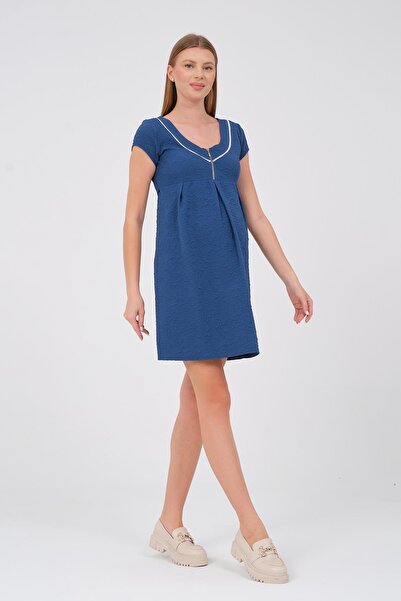 BUSA Hamile V Yaka Midi Boy Kısa Kollu Elbise Lacivert