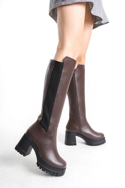 SEEM & BE Elsa Stretch Elastische Damenstiefel mit dickem Absatz und Reißverschluss in Braun