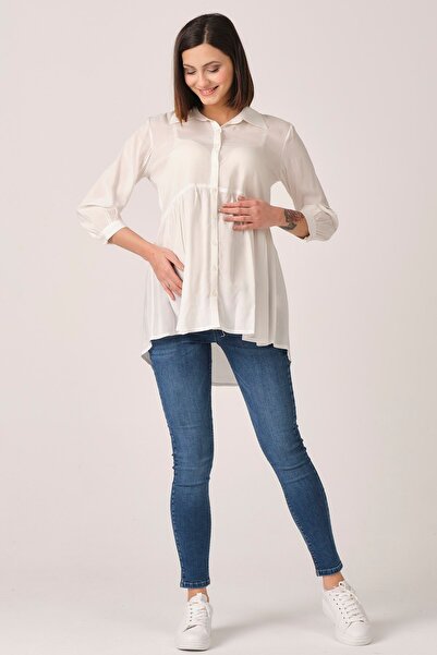 BUSA Ecru Maternity Shirt - Front Button and Collar