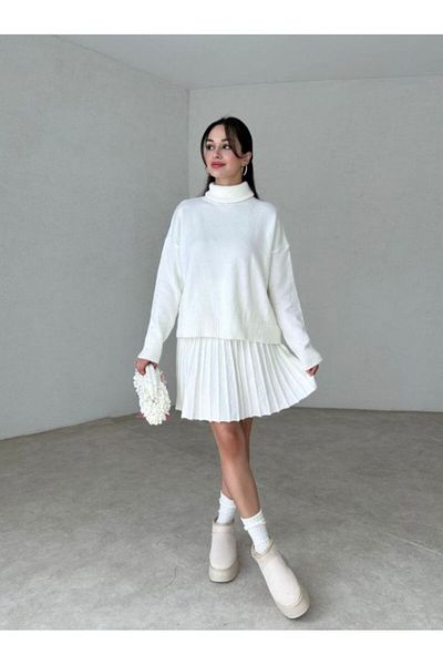 LİNEBUTİK Skirt Pleated Turtleneck Bone Knitwear Skirt Suit