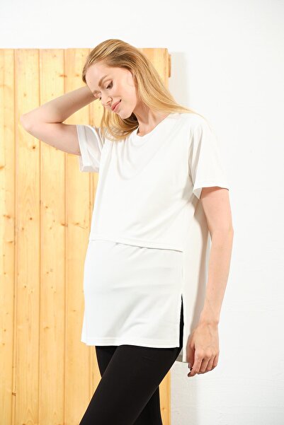 BUSA Ecru Color Oversize Maternity T-Shirt - Short Sleeve, Crew Neck