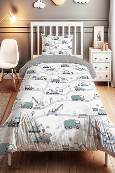 EVPANYA Şantiye Araçları Desenli Tek Kişilik Bebek Çocuk Nevresim Seti