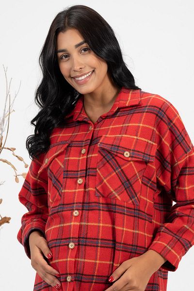 BUSA Pregnant Front Pocket Buttoned Plaid Lumberjack Shirt Red