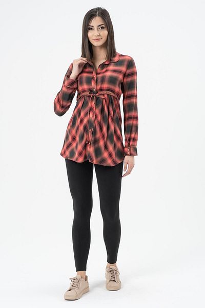 BUSA Maternity Shirt Plaid Model Belted Orange