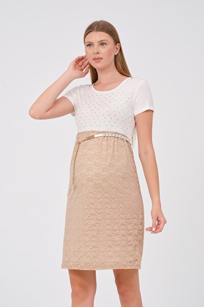 BUSA Μπεζ φόρεμα εγκυμοσύνης - κοντό μανίκι, λεπτομέρεια από δαντέλα και ζώνη