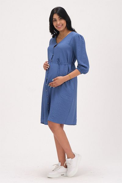 BUSA Indigo Maternity Dress - V-Neck, Side Pocket and Elastic Sleeve