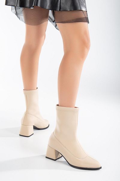 Dilimler Ayakkabı Stretch Waterproof Large Size Beige Women's Heeled Boots