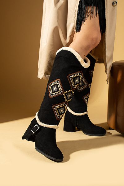 Pembe Potin Women's Black Suede Embroidered New Season Cowboy Western 2 Different Uses Both Boots and Boots