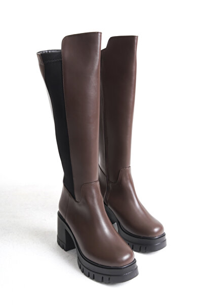 SEEM & BE Elsa Stretch elastické hnědé dámské kozačky na tlustém podpatku na zip