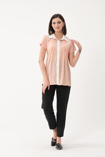 BUSA Maternity Chiffon Short Sleeve Lace Detailed Shirt Salmon
